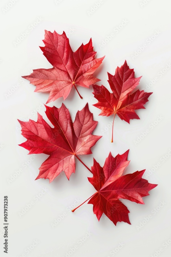 Aufkleber four red maple leaves are arranged in a row on a white background. the leaves are positioned in a wa