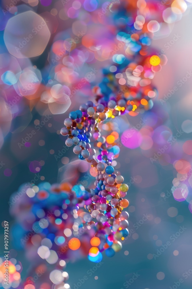 Poster a colorful dna strand with many different colored beads. the beads are scattered throughout the stra