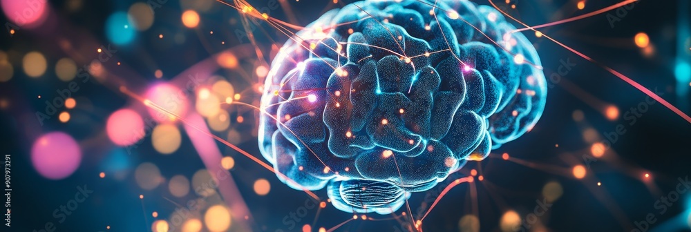 Poster a 3d image of the human brain with neural connections and glowing lights, symbolizing intelligence, 