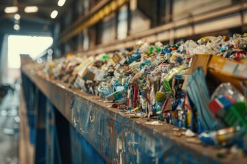 Community recycling center close-up of sorting process, with copy space
