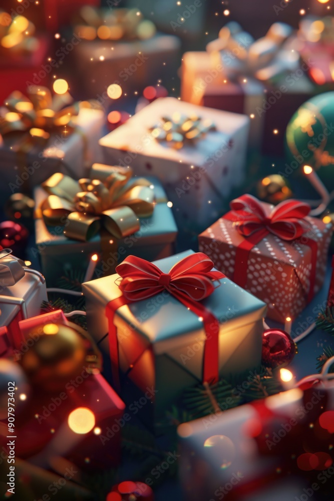 Poster a bunch of presents are piled up on a table, with some of them having red bows on them. the scene is