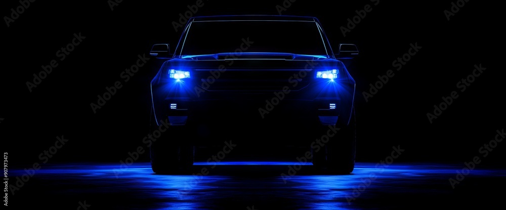 Wall mural in this stock photo, a dark blue suv with headlights on is illuminated against the dark background, 