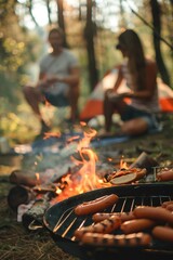 Fototapeta premium A man and woman are sitting around a fire, cooking hot dogs on a grill. The atmosphere is relaxed and casual, with the couple enjoying a simple meal outdoors