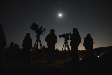 Fototapeta premium Silhouettes of people during community stargazing event, with copy space