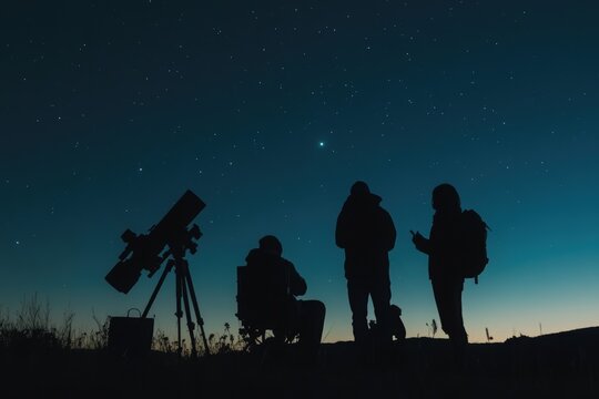 Silhouettes of people during community stargazing event, with copy space