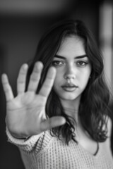 Obraz premium A woman is standing in front of a wall with her hand raised in a 