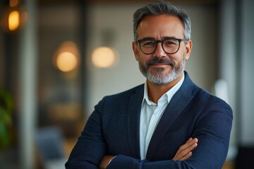 Happy CEO with arms crossed in the office looking at camera, Generative AI
