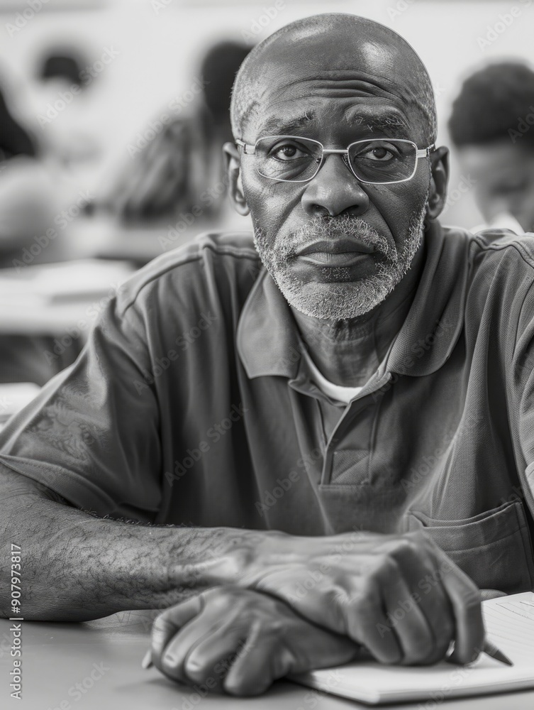 Poster a man with a beard and glasses is sitting at a desk with a notebook in front of him