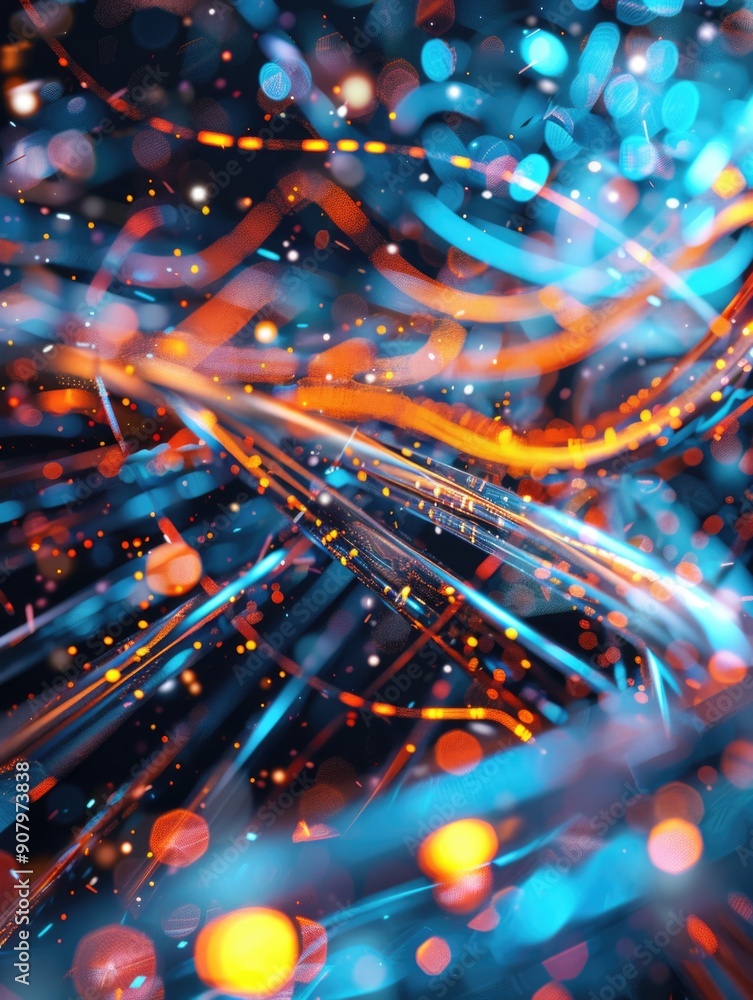 Poster a colorful, abstract image with orange and blue lines and dots. the image has a sense of movement an
