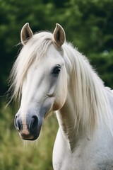 Fototapeta premium A white horse with a brown nose and brown eyes. The horse is looking straight ahead. The grass is green and the sky is blue