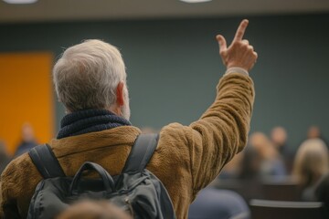 Back view of older student raising his hand to answer teacher's question during education training class, Generative AI