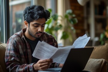 Indian young man working in an office center, standing and using the phone. Looks at the screen and happy shows a victory gesture with his hand, Generative AI