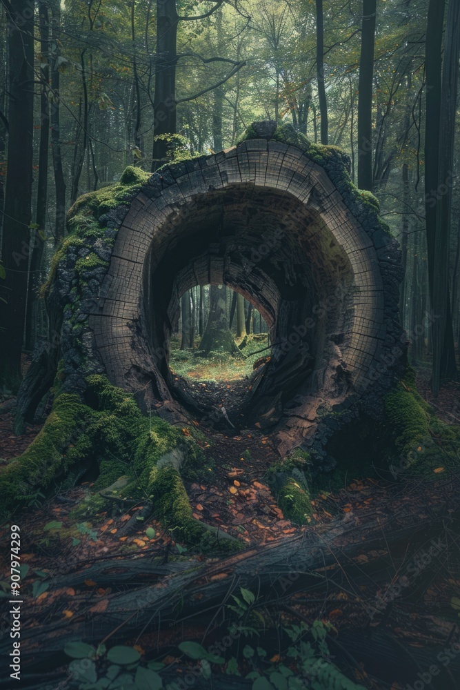 Poster a large tree trunk with moss growing on it. the trunk is hollow and has a hole in it. the image has 