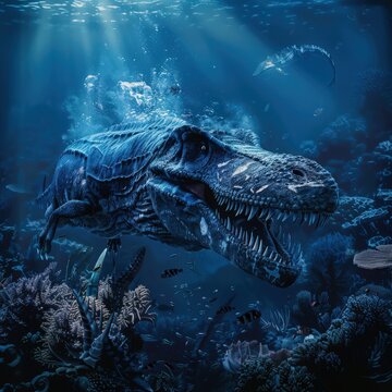 Prehistoric Dinosaur Tyrex In The Depths Of The Ocean With Schools Of Fish And Coral