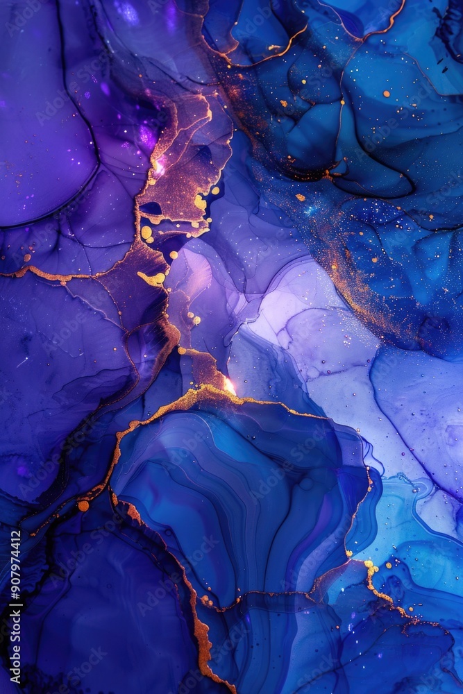 Poster the image is a beautiful blue and gold painting with a lot of texture. the blue and gold colors crea