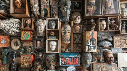 Vintage Masks and Figurines on Display.