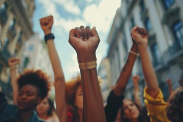 Fists are raised in solidarity, surrounded by a diverse group of individuals, conveying a powerful message of unity and determination.