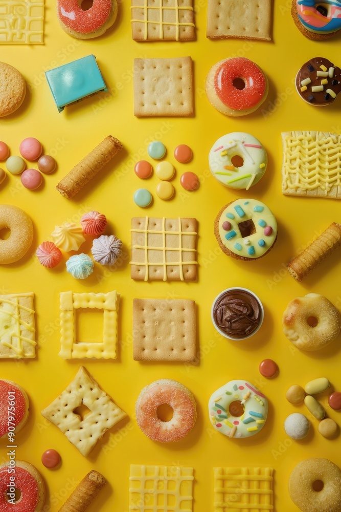 Aufkleber a yellow background with a variety of donuts and cookies. the cookies are in different shapes and si