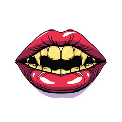 Bright red lips vampire fangs tongue isolated white background. Yellow teeth upper lower jaws comic cartoon popart style. Monster mouth midbite sinister grin scary Halloween decor graphic