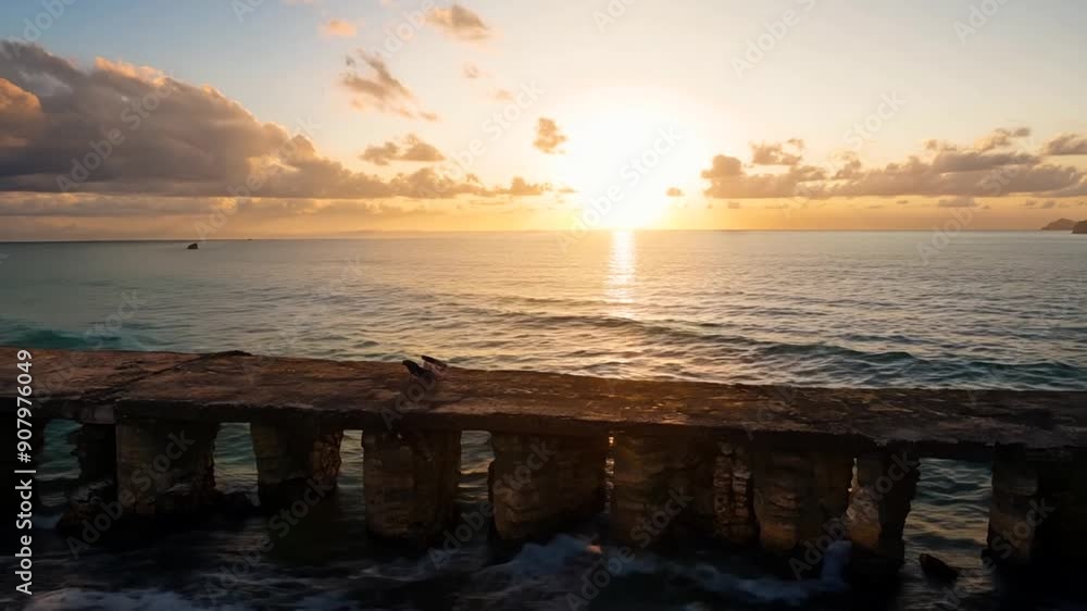 Poster sunset over the sea with rocky jetty and calm waves generative ai