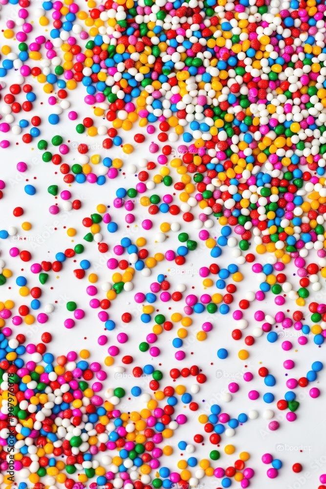 Poster a colorful pile of sprinkles on a white background. the sprinkles are in various colors and sizes, c