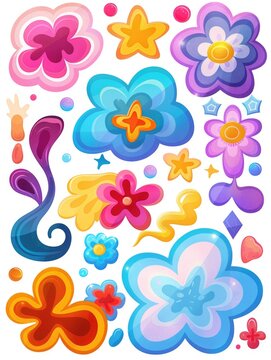 A colorful and abstract floral design with a variety of shapes and sizes. The flowers are arranged in a way that creates a sense of movement and energy. Scene is playful and whimsical
