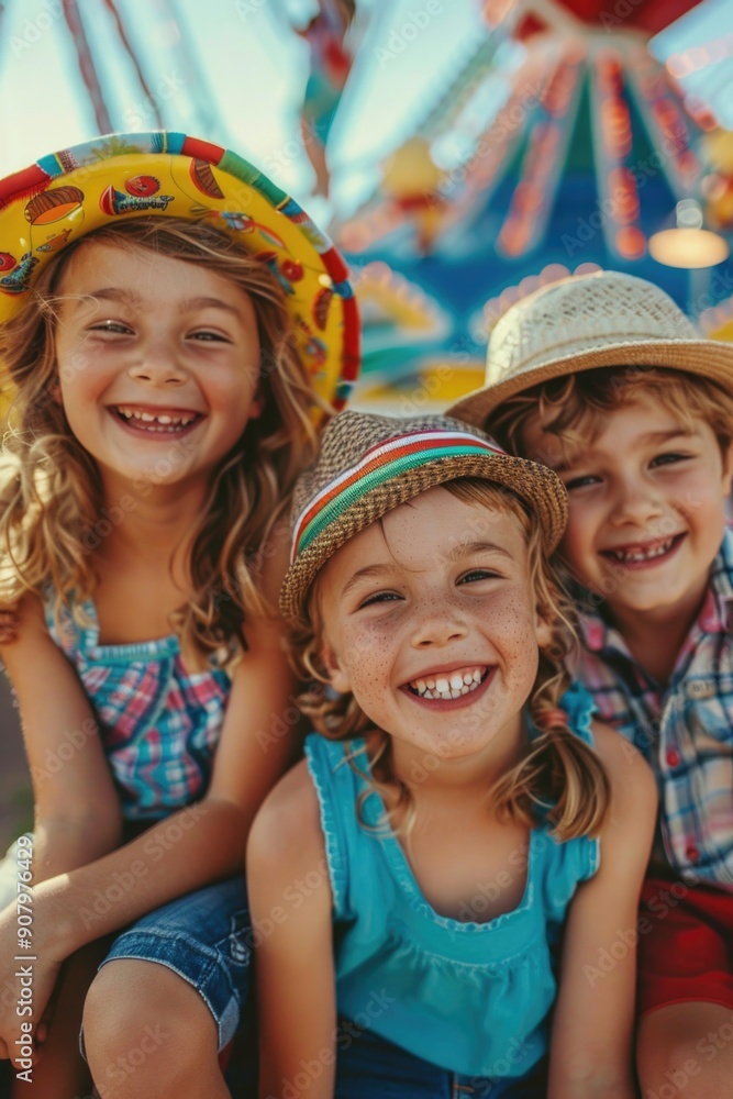 Poster three children are smiling and wearing hats. they are sitting together and appear to be happy. the h