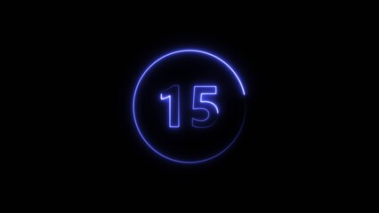 countdown timer neon glowing blue color fiveteen 4k illustration on black background. fiveteen seconds timer 4k illustration.