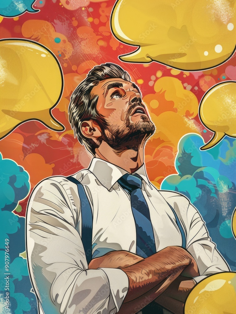 Poster a man with a tie and suspenders is looking up at a bunch of yellow speech bubbles. the speech bubble