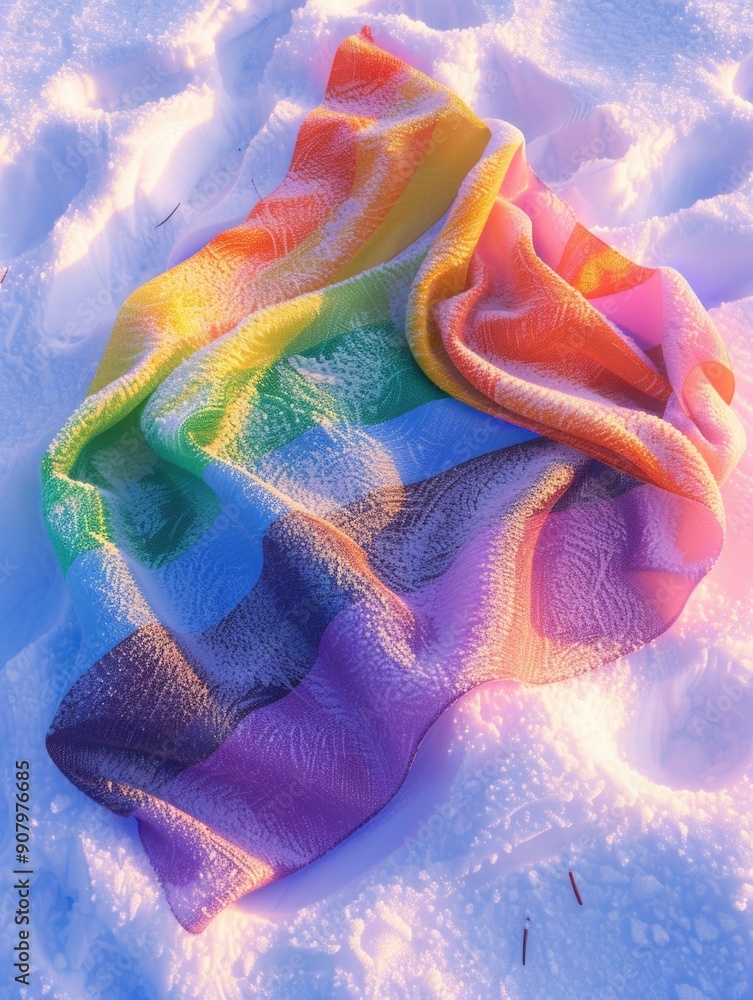 Poster a colorful blanket is laying on the snow. the blanket is multicolored and has a rainbow pattern