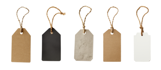 Carton paper label tags, with natural linen string cord knot. Different coloured versions, isolated on transparent background. Generative AI