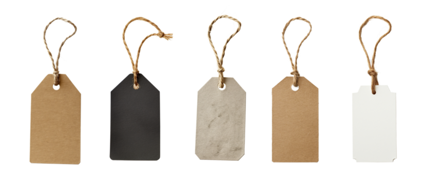 Carton paper label tags, with natural linen string cord knot. Different coloured versions, isolated on transparent background. Generative AI