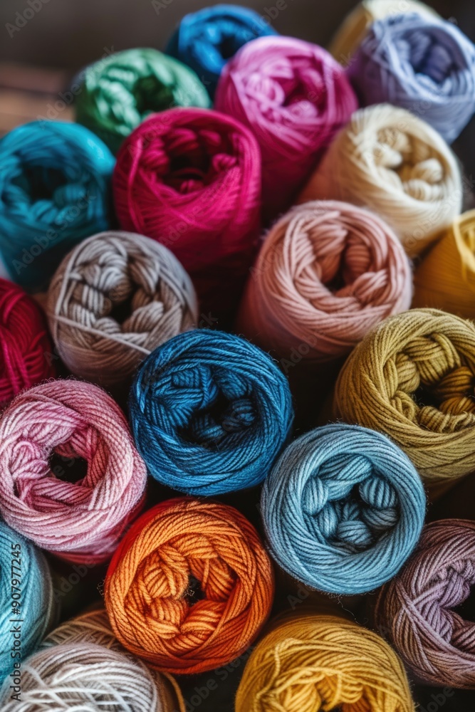 Poster a bunch of colorful yarns are piled up in a row. the colors are bright and cheerful, creating a sens