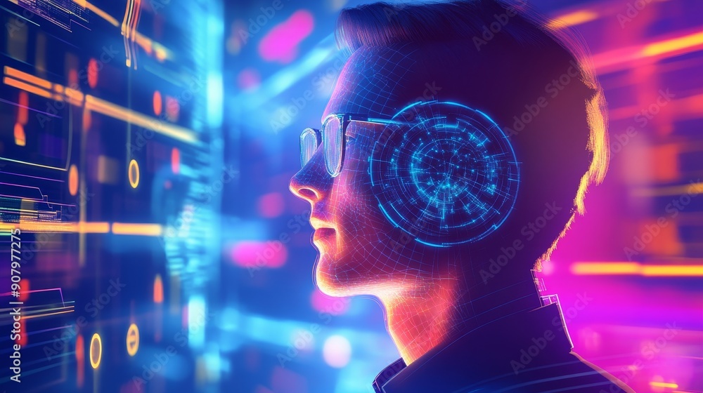 Poster a man with a futuristic digital interface on his head stares intently at a screen of data, symbolizi