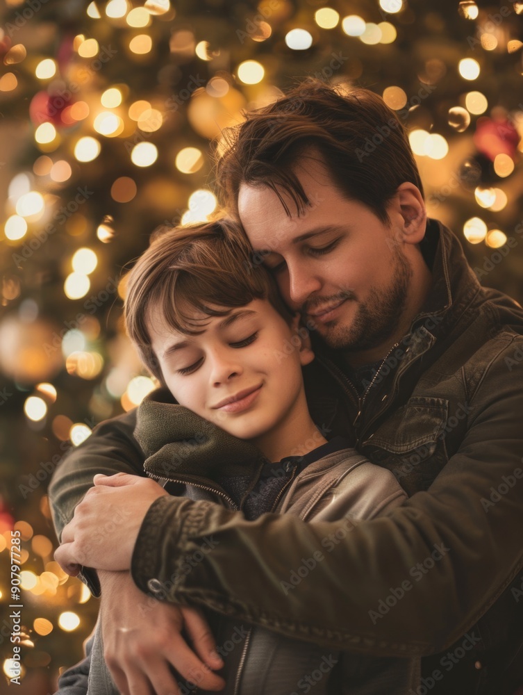 Canvas Prints A man and a boy are hugging each other in front of a Christmas tree. The man is wearing a green jacket and the boy is wearing a green sweater. Concept of warmth and love between the two