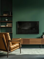 A living room with a brown leather chair and a television