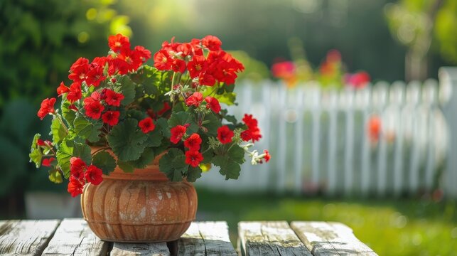 Bright red geraniums in a clay pot on a wooden table in a garden setting with bokeh in the background