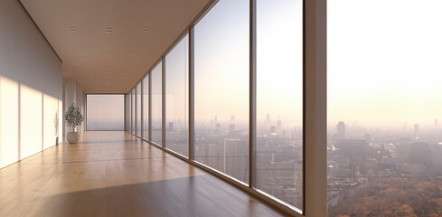 Obraz premium An empty interior space with floor to ceiling glass windows overlooking a city skyline. An empty floor in a skyscraper building with white walls with a beautiful daytime view overlooking the city