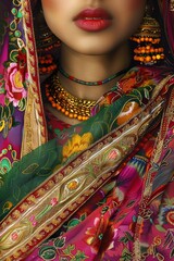 Close-up of an Indian woman in a colorful, vibrant sari. Happy Independence Day India on August 15 concept. Cultural heritage, freedom, and tradition concept.