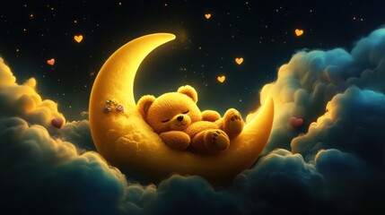 A cute teddy bear sleeping on the crescent moon, surrounded by floating blue clouds and twinkling stars in the style of cartoon. 