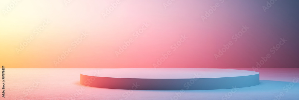 Poster minimalist product display with gradient background - a single white podium stands in a colorful gra