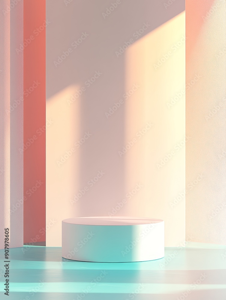 Poster a white cylindrical platform sits on a turquoise floor with soft light illuminating the scene, creat