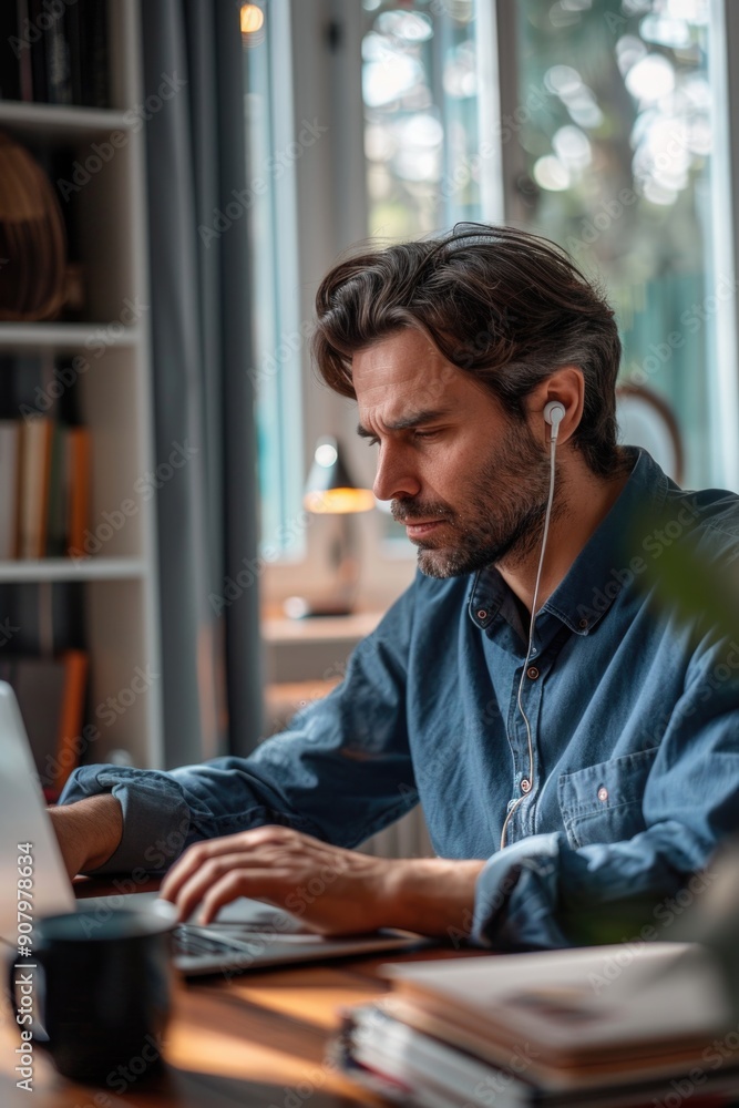 Poster a man wearing headphones is typing on a laptop. he is wearing a blue shirt and has a beard