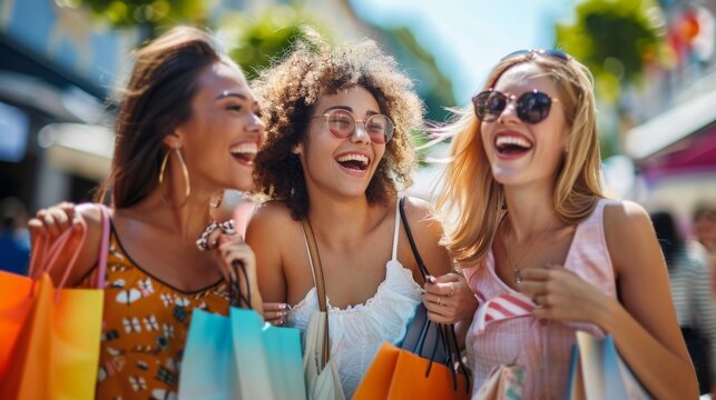 Happy friends shopping together.