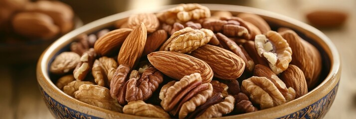 A bowl filled with a variety of nuts, including almonds, pecans, and walnuts, representing a healthy snack, natural ingredient, and source of protein and essential nutrients.