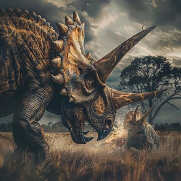 Triceratops Dinosaur In The African Savanna At Sunset, Majestic Creature Grazing In The Twilight