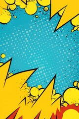 Naklejka premium A comic book style poster with a blue background and yellow circles. The poster has a yellow explosion in the middle and a yellow arrow pointing to the right. The poster has a fun and energetic vibe