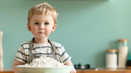 Adorable young boy in a kitchen, holding a bowl filled with flour. Cute child with striped shirt and apron, ready to bake.