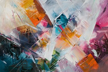 Abstract composition in oil, chaotic image of geometric figures of different sizes, colors and shapes that intersect with each other.