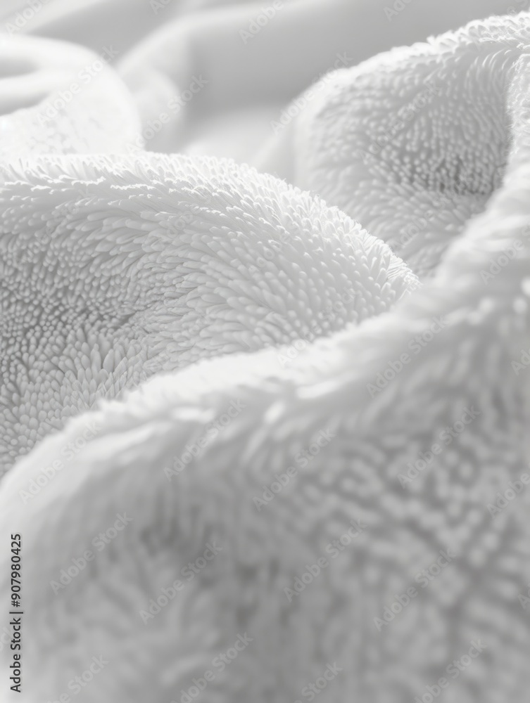 Poster a white towel with a fuzzy texture. the towel is folded and has a unique pattern that resembles a wa